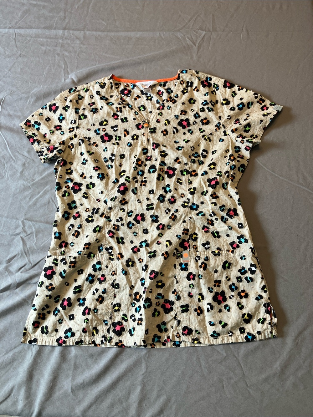 Beige Multicolor Leopard-Print Scrub Top